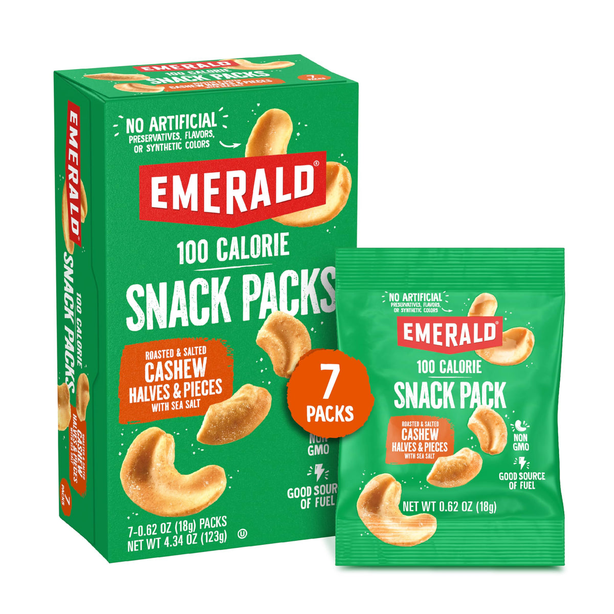 Emerald Nuts roasted and salted cashews in a 7ct package, ideal for on-the-go snacking.