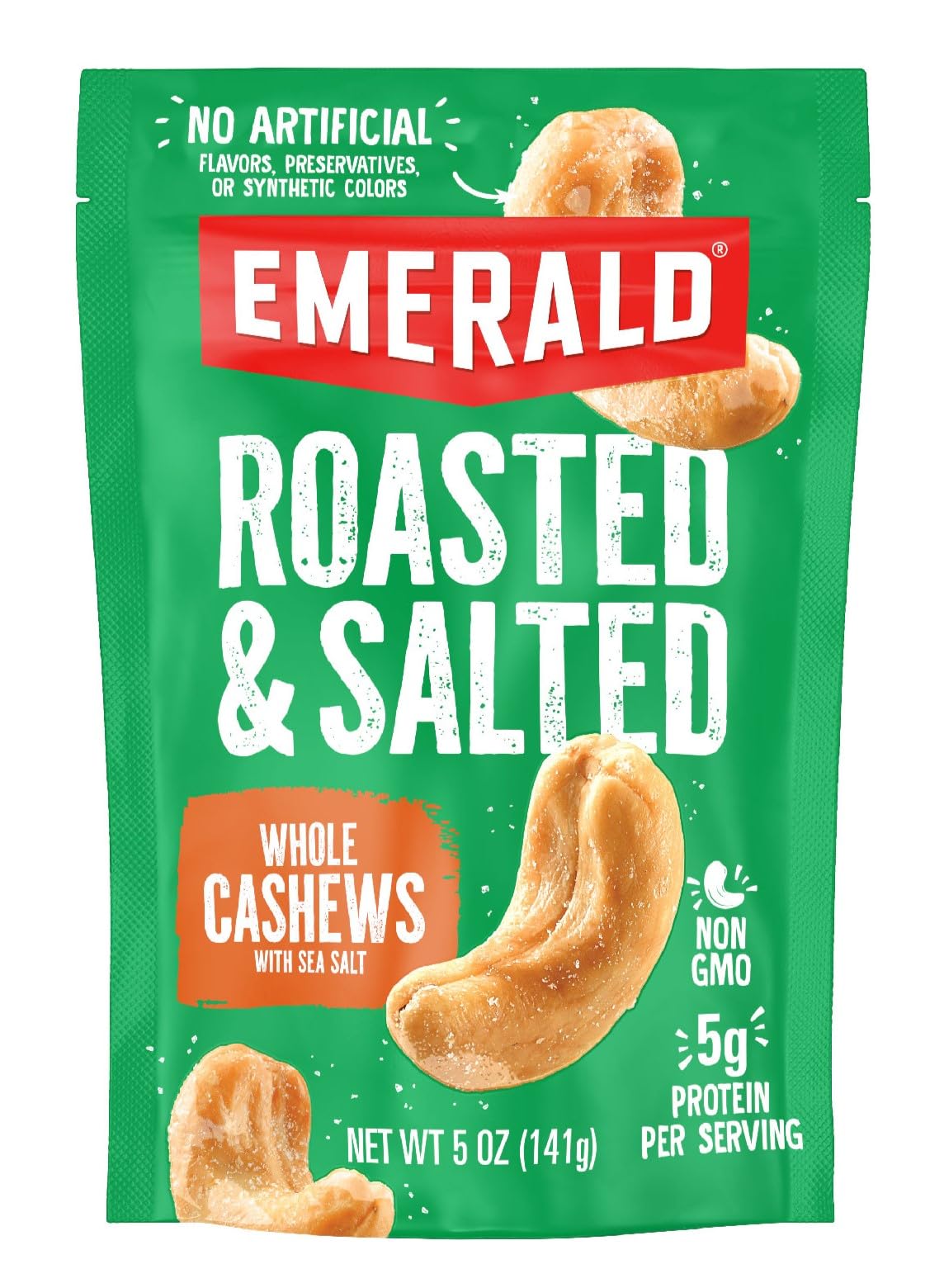Emerald whole cashews in resealable bag for on-the-go snacking.