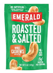 Emerald whole cashews in resealable bag for on-the-go snacking.