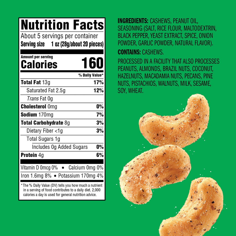 Emerald Salt and Pepper Cashews resealable bag zipper keeps freshness.
