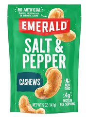 Emerald Salt and Pepper Cashews packfront in resealable bag for fresh snacking.