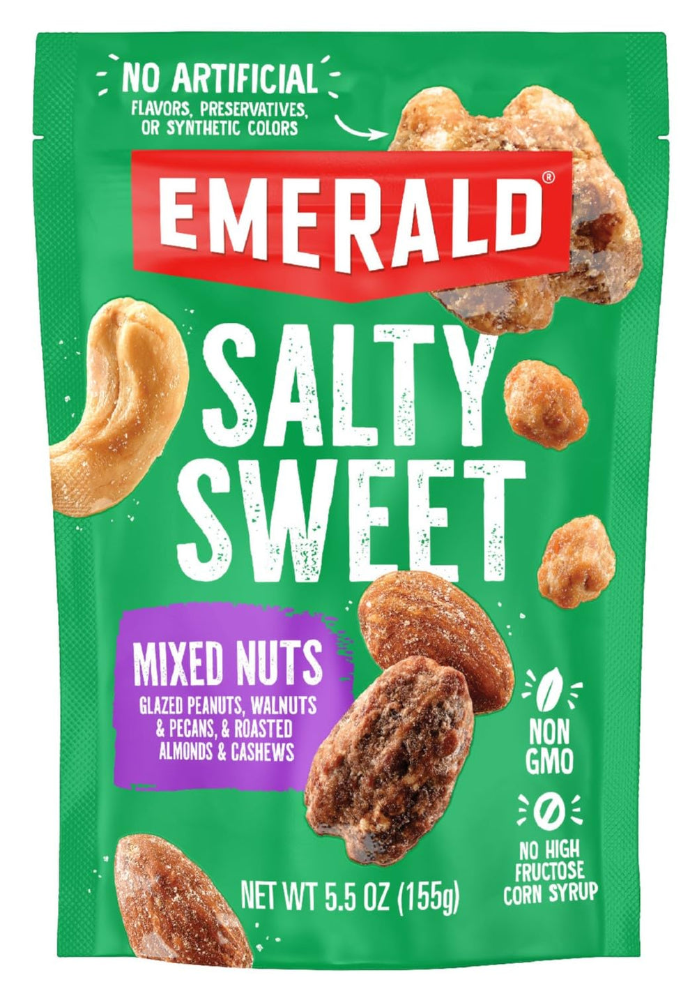 Emerald Nuts Salty Sweet Mixed Nuts bag front with resealable design for freshness.