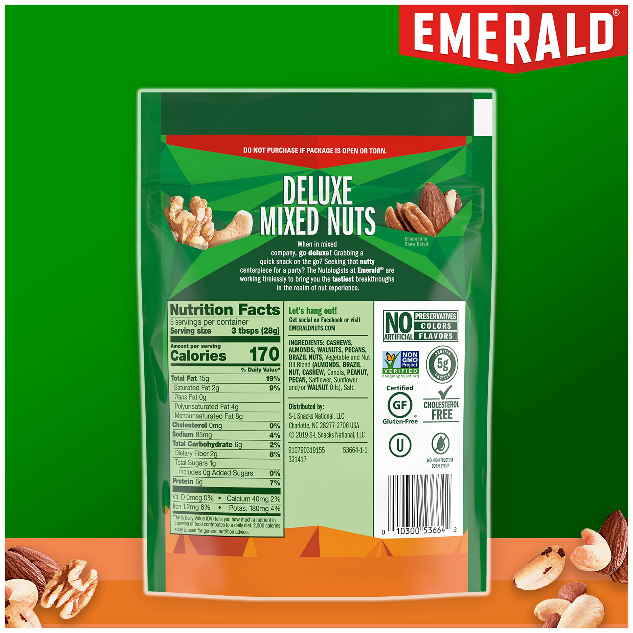 Emerald deluxe mixed nuts—no artificial flavors or colors, great pantry staple.