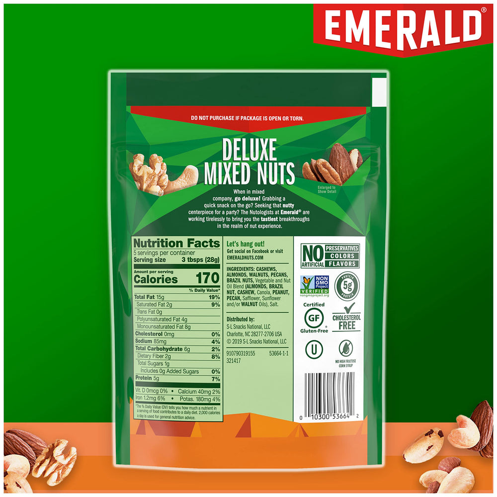 Emerald deluxe mixed nuts—no artificial flavors or colors, great pantry staple.