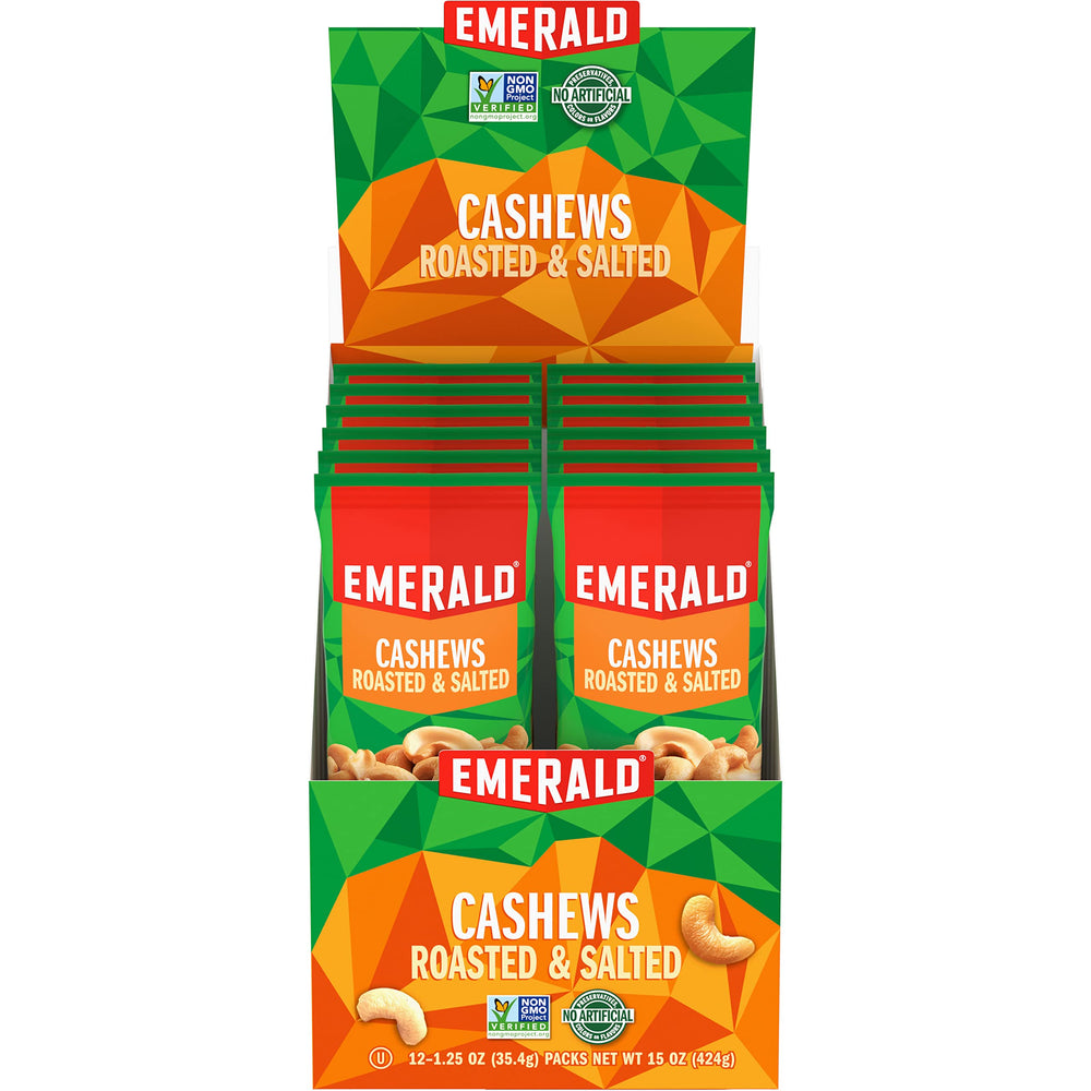 Emerald roasted salted cashews in a tube, ready for on-the-go snacking.