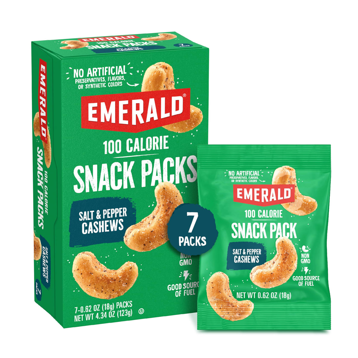 Emerald Salt and Pepper Cashews 100cal pack for portion-controlled snacking.
