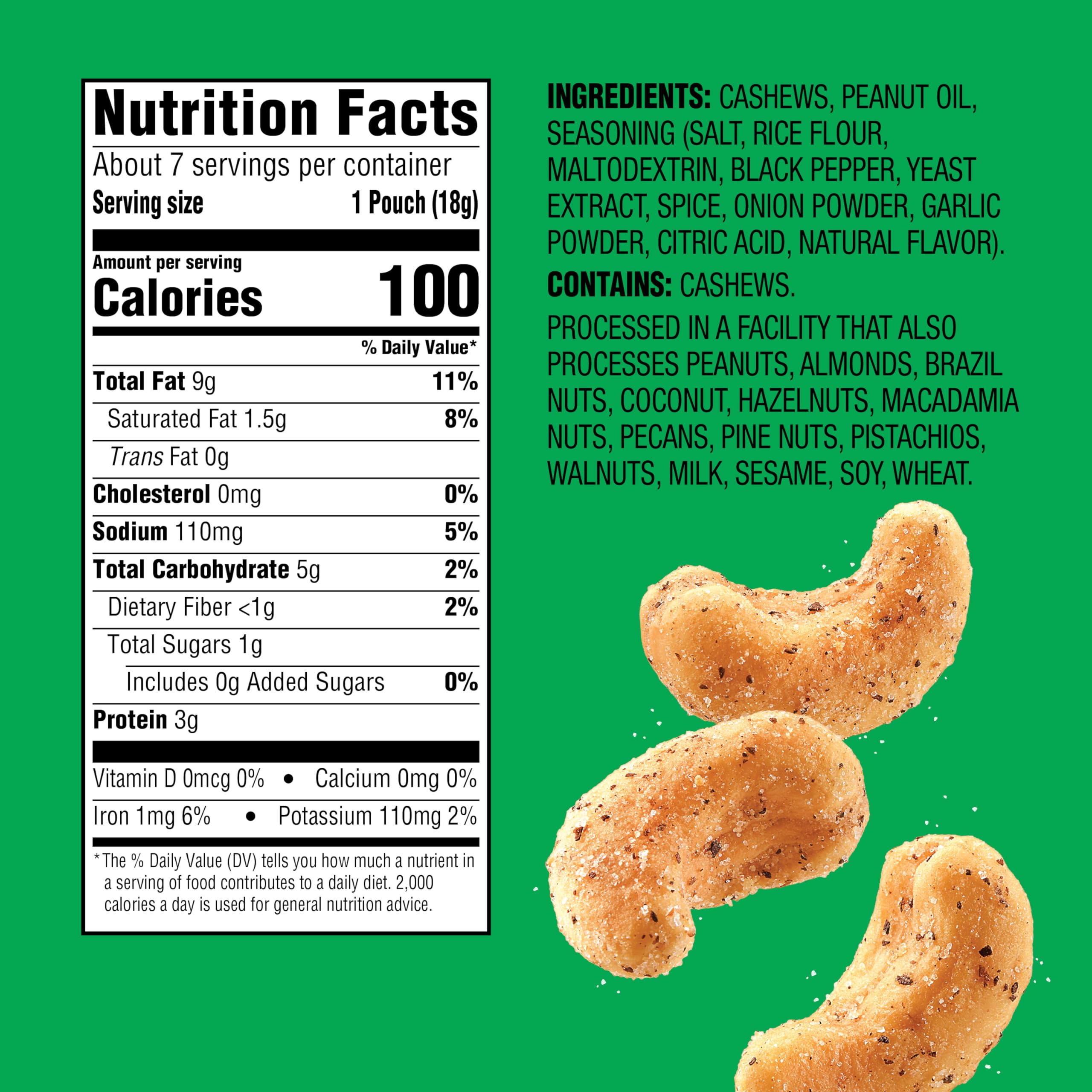 Emerald Salt and Pepper Cashews front view in resealable bag keeps freshness.