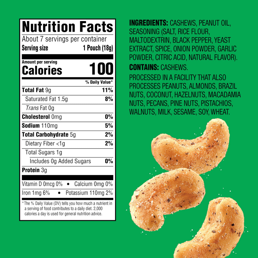 Emerald Salt and Pepper Cashews front view in resealable bag keeps freshness.