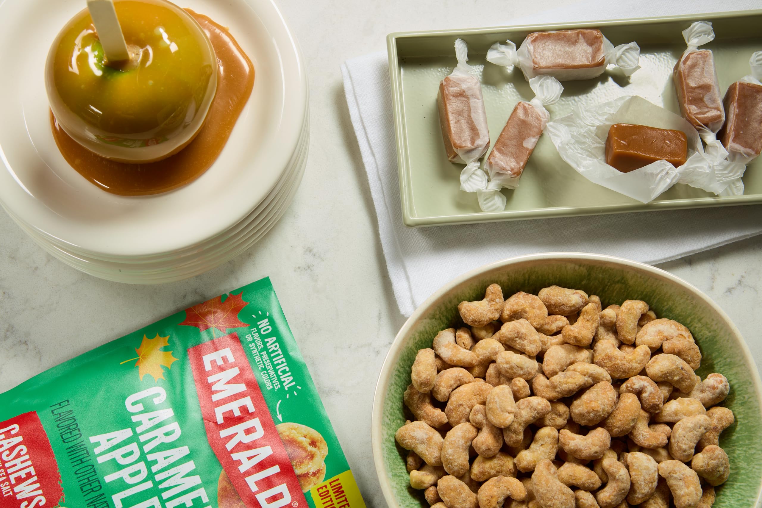 Emerald Salted Caramel Apple Cashews serve suggestion for sharing and snacking.