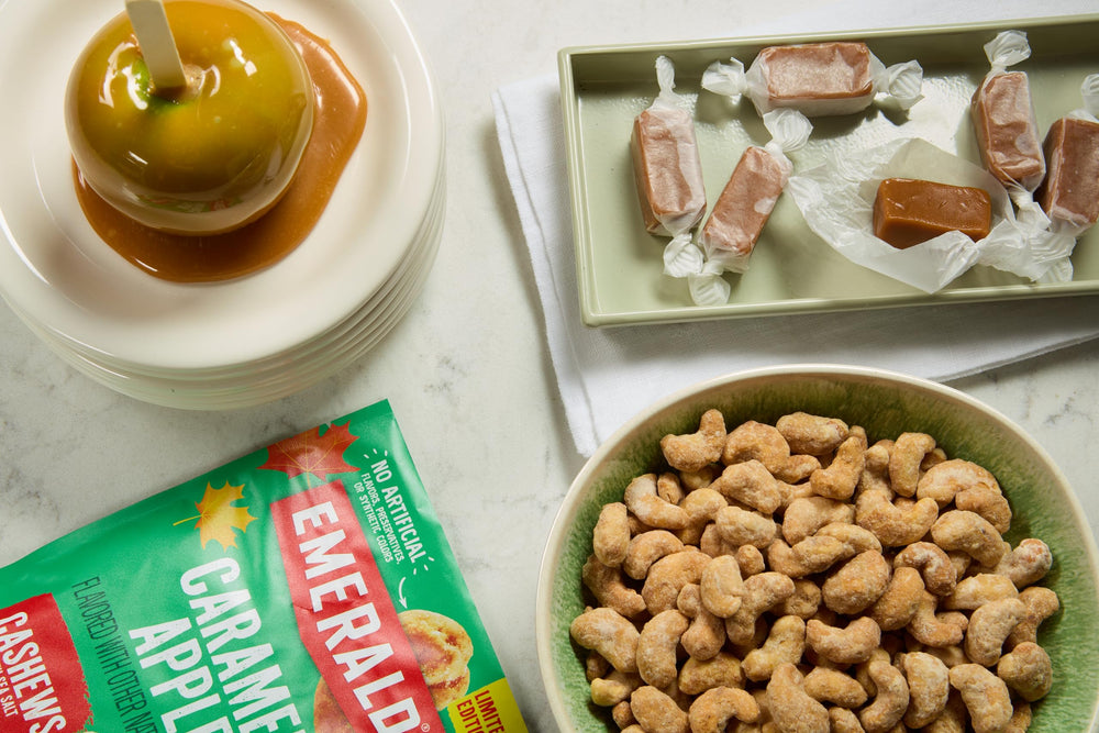 Emerald Salted Caramel Apple Cashews serve suggestion for sharing and snacking.