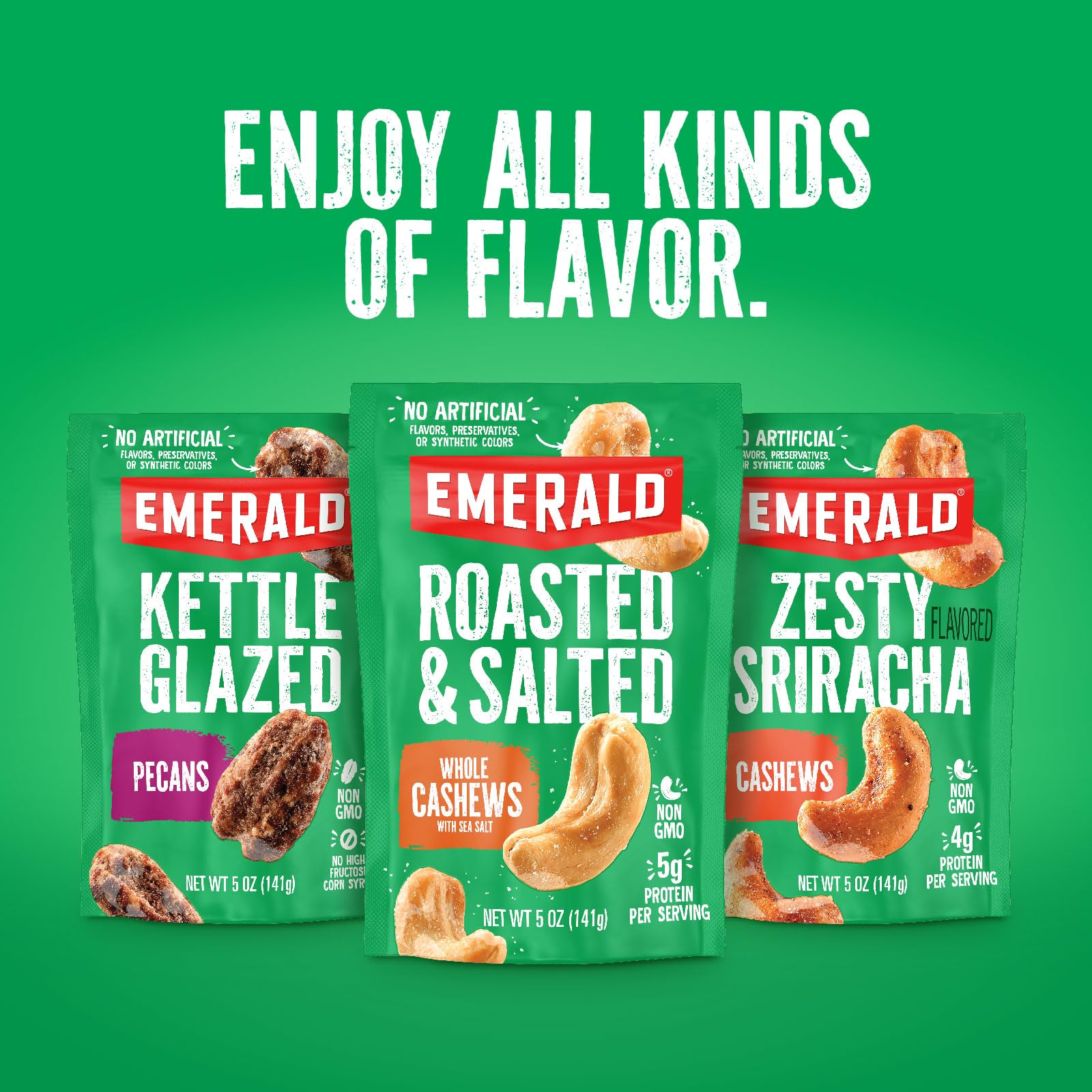 Emerald Salted Caramel Apple Cashews bag-open display shows easy access snacking.