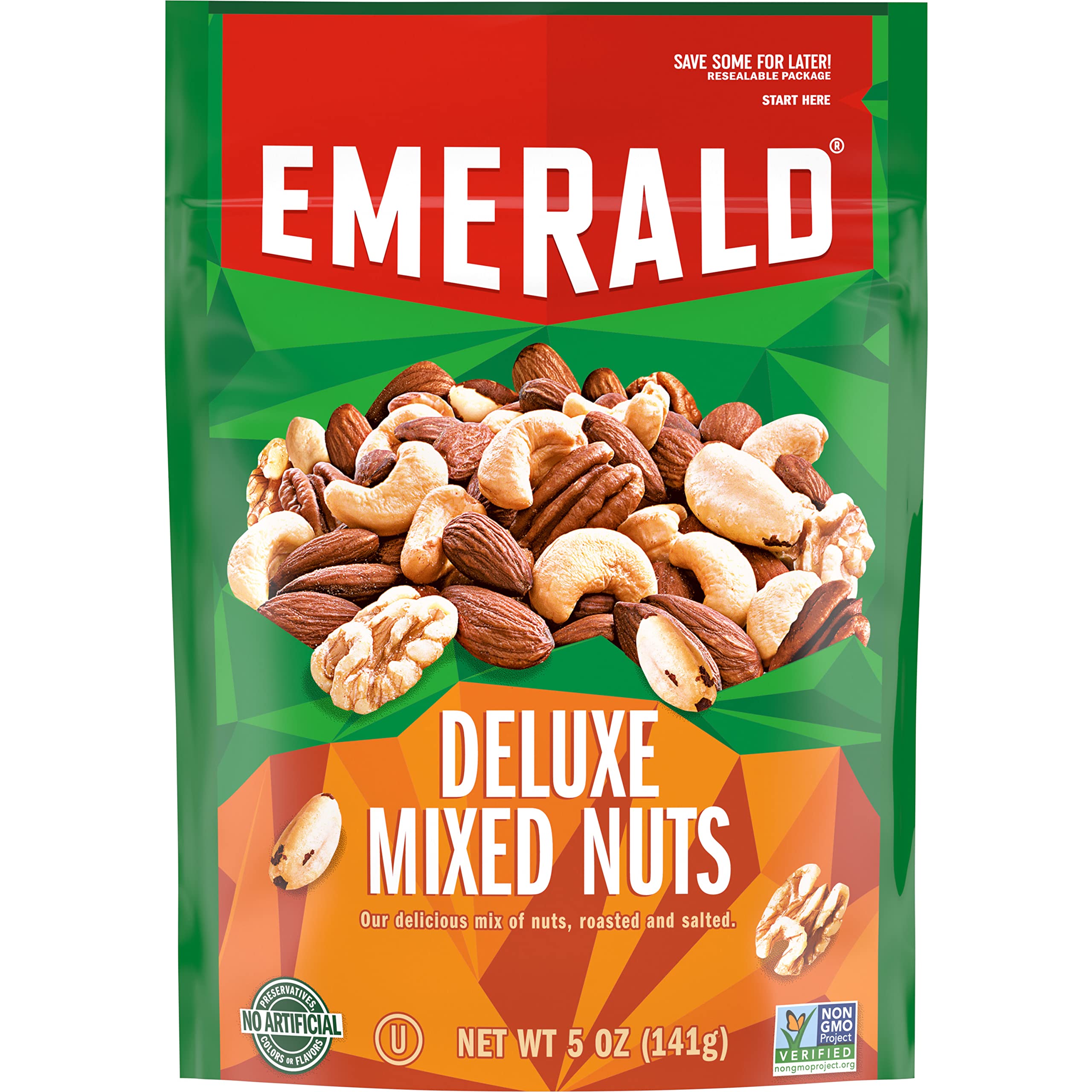 Emerald Salted Deluxe Mixed Nuts 5oz bag—crunchy, savory snack for on-the-go enjoyment.
