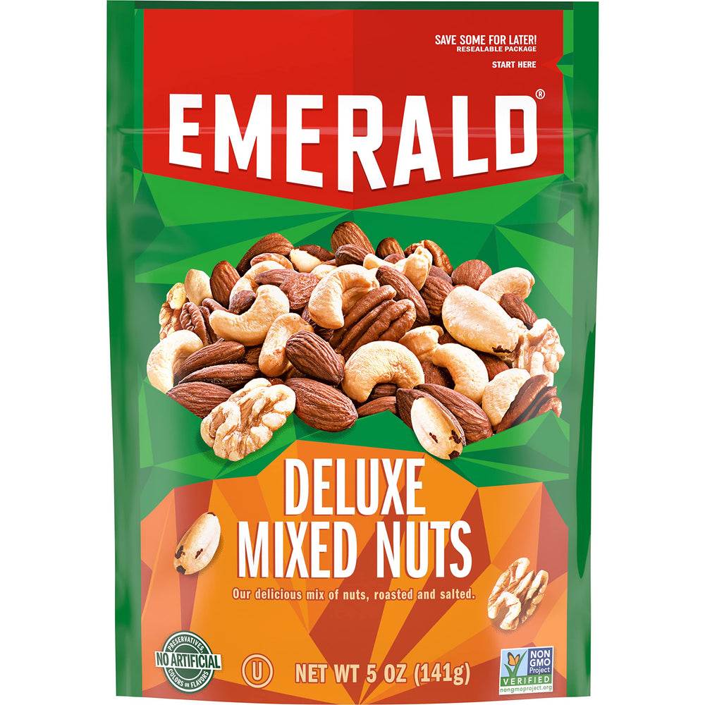 Emerald Salted Deluxe Mixed Nuts 5oz bag—crunchy, savory snack for on-the-go enjoyment.