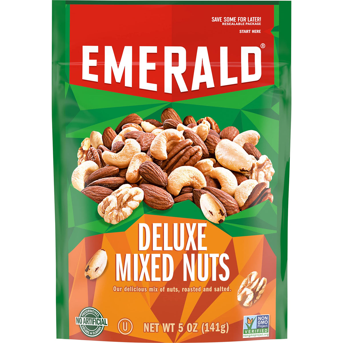 Emerald Salted Deluxe Mixed Nuts 5oz bag—crunchy, savory snack for on-the-go enjoyment.