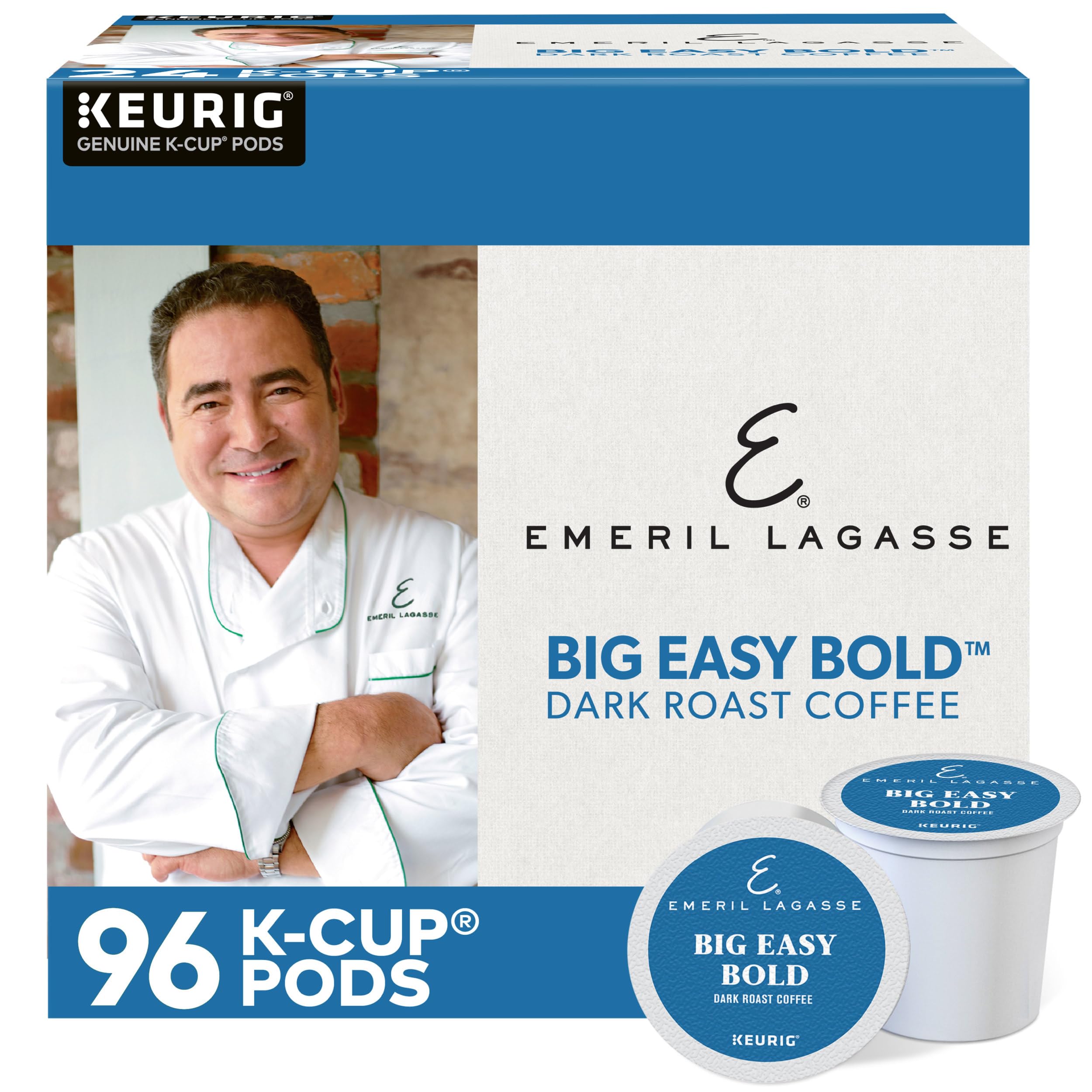 Emeril Big Easy Bold K-Cup pod in box packaging for quick, flavorful mornings.