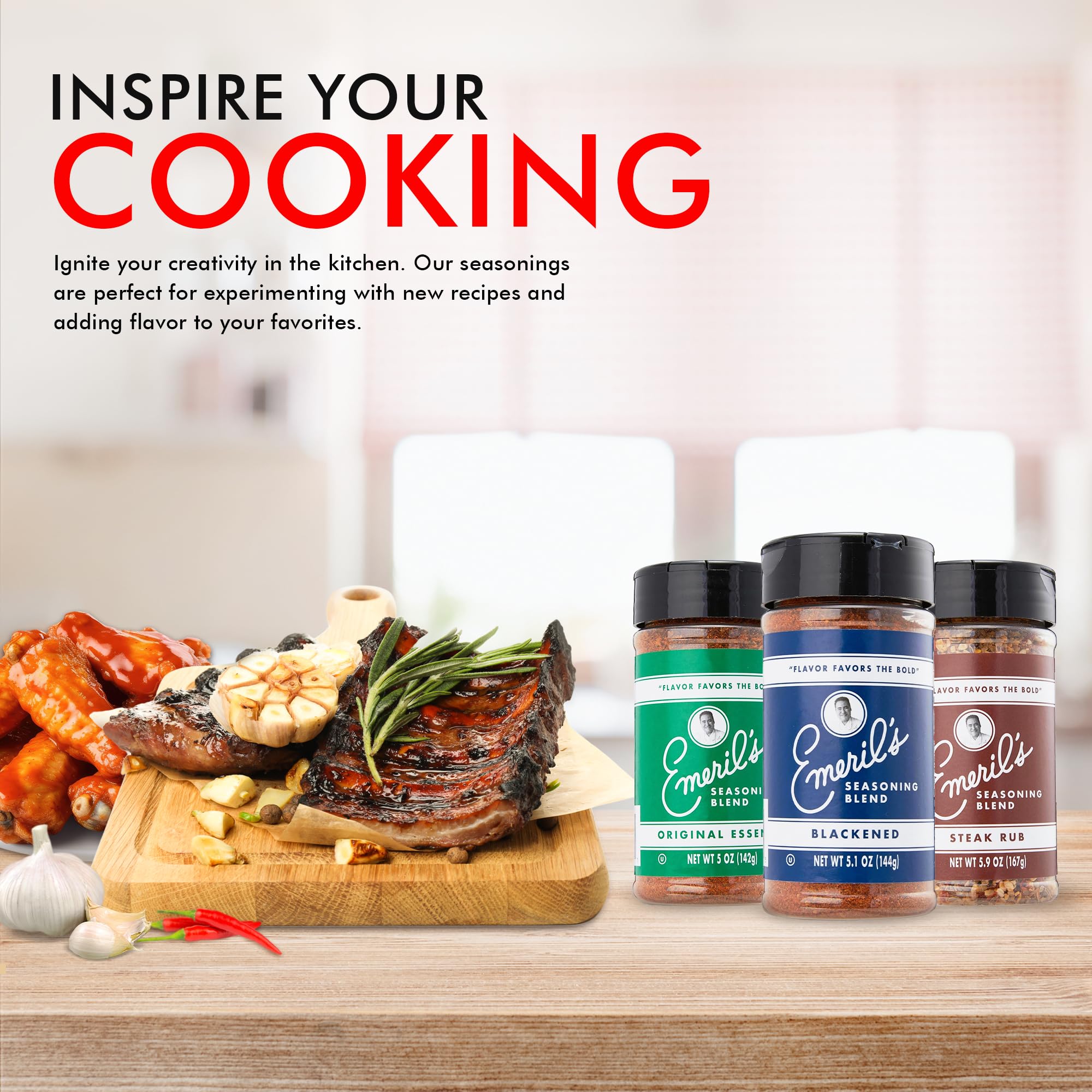 Emeril Lagasse 3-pack spice set on display in a kitchen pantry.