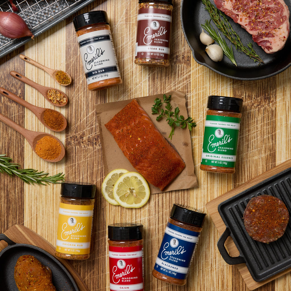 Emeril Lagasse Rib Rub bottle enhances ribs with balanced, smoky notes.