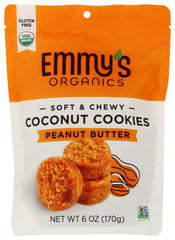 EMMYS Organic Peanut Butter Coconut Cookie packshot, a shelf-stable vegan snack ready to enjoy.
