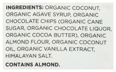Close-up of Emmy's Organics cookie texture with moist coconut and chocolate morsels.