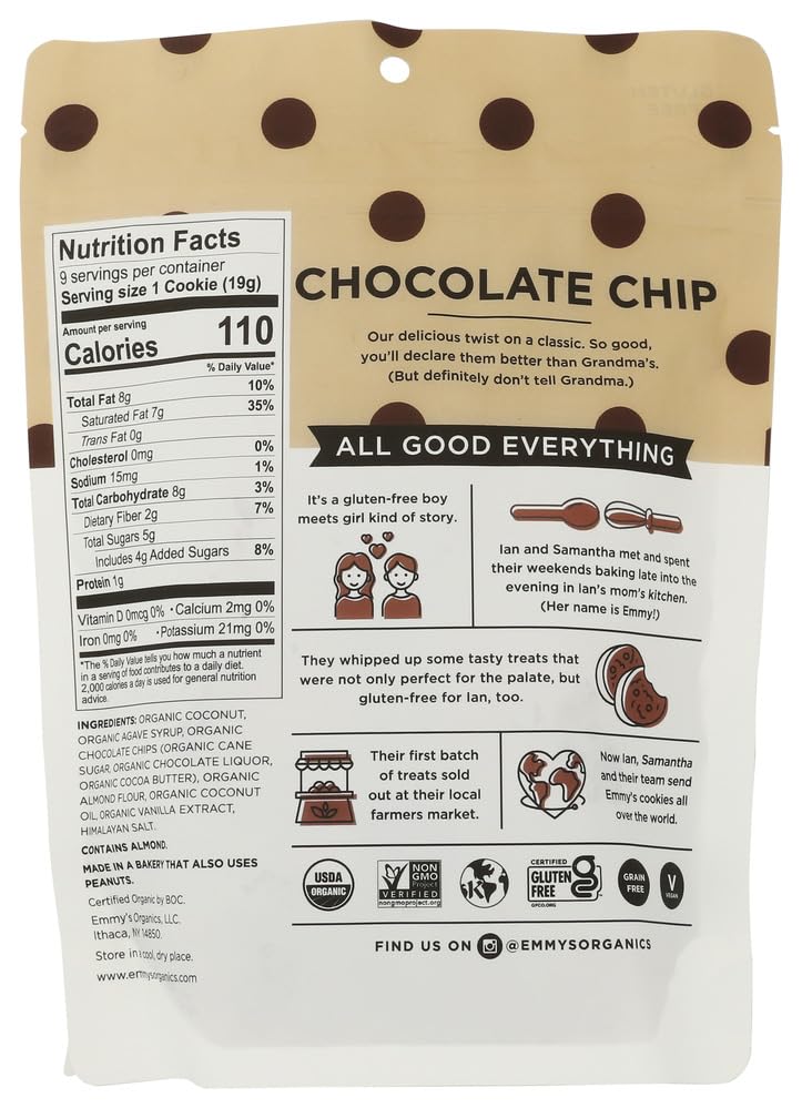 Back of Emmy's Organics cookies pack showing ingredients and non-GMO labeling.