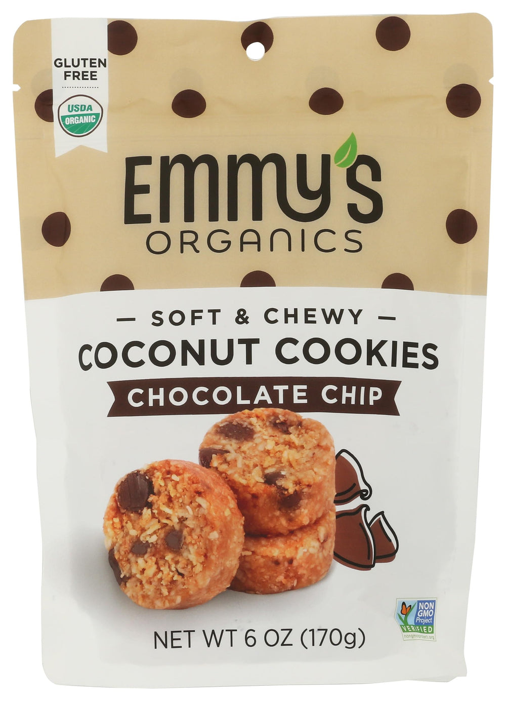Emmy's Organics chocolate chip coconut cookies pack front view, gluten-free and vegan appeal.