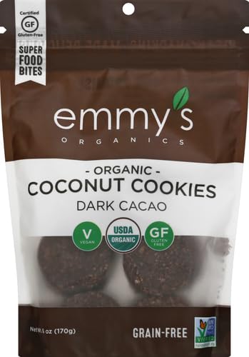 Emmy's Organics cookies on a wooden board highlighting organic vegan gluten-free.