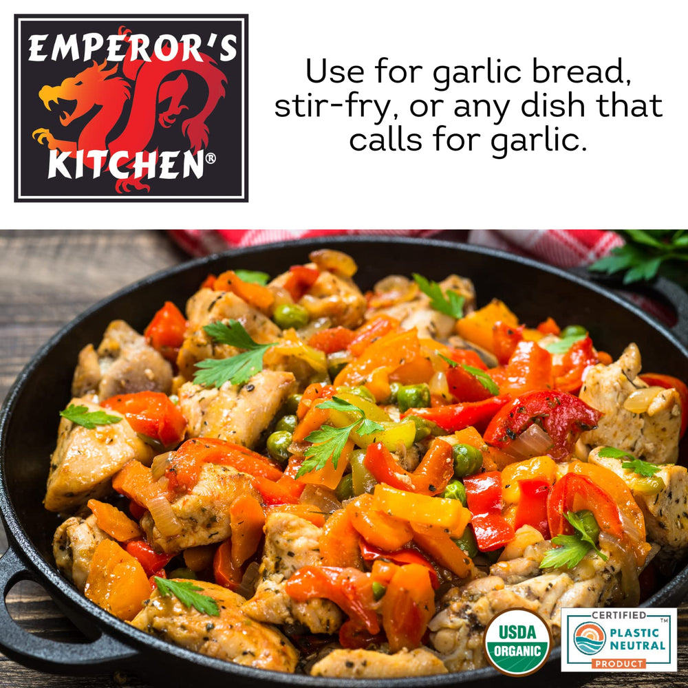 Emperor's Kitchen chopped garlic jar on counter for easy meal prep