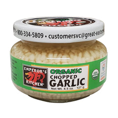 Emperor's Kitchen organic chopped garlic jar on shelf for quick flavor boosts