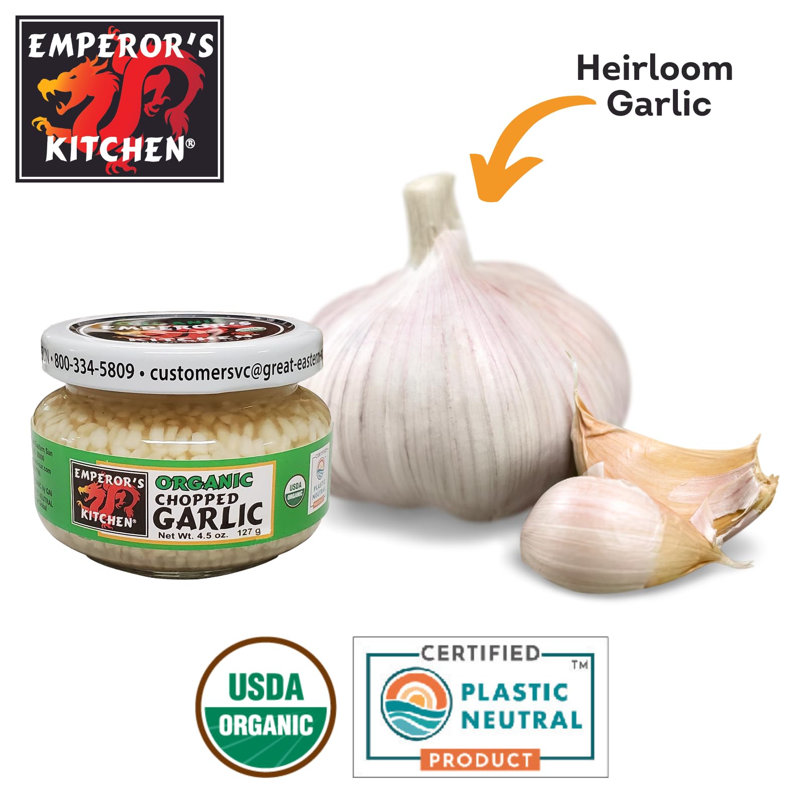 Emperor's Kitchen organic garlic jar beside pantry staples invites versatile cooking