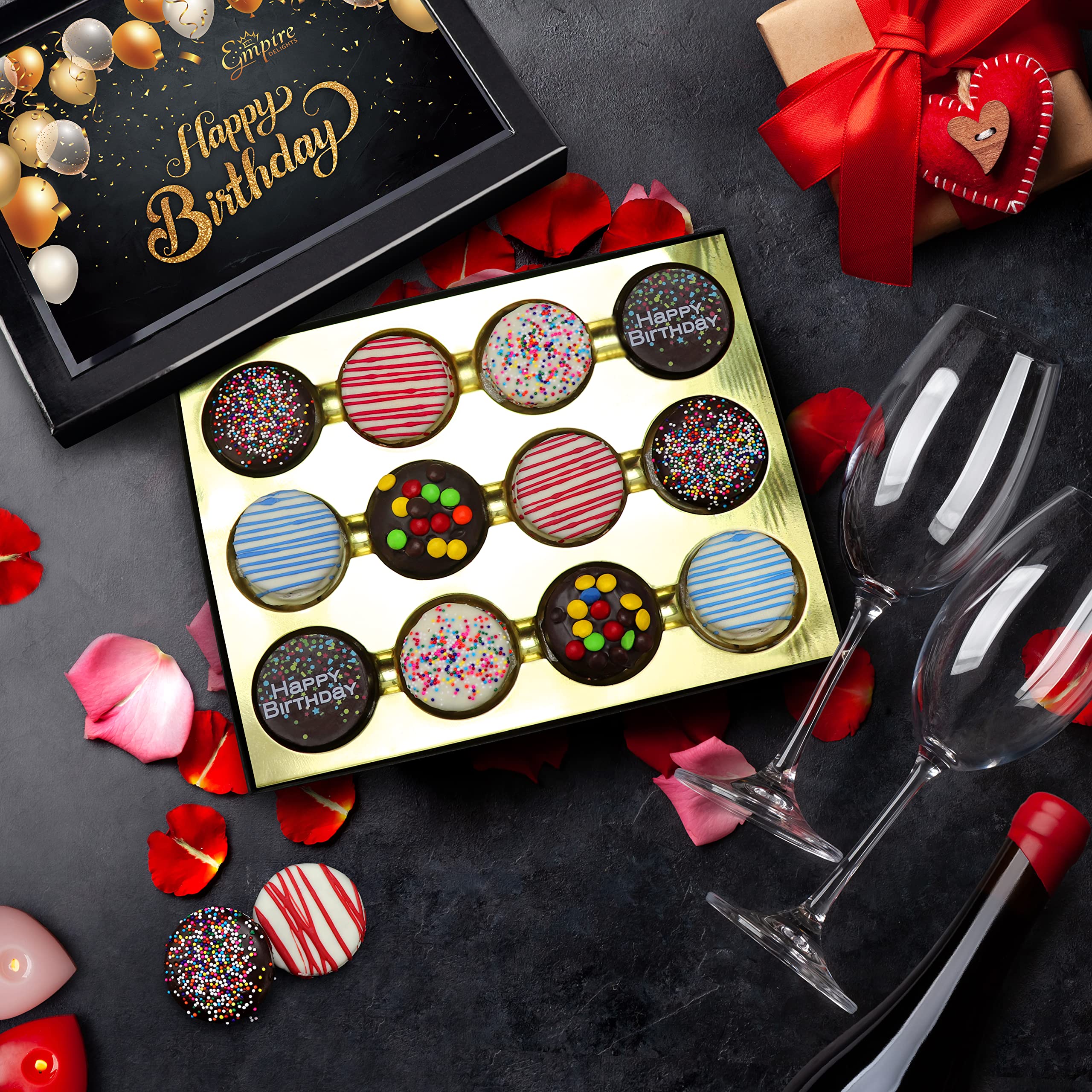 Empire Delights chocolate-covered birthday cookies—luxury treats perfect for celebrations.