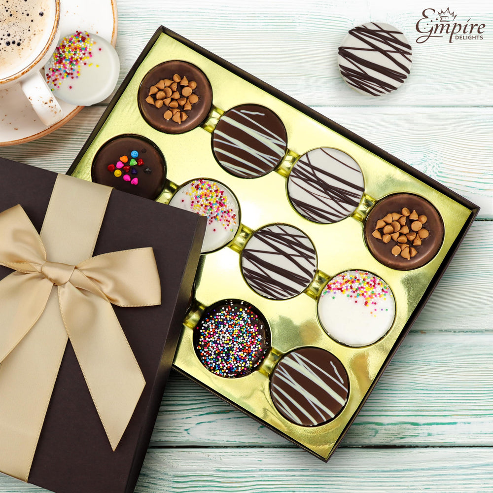 Empire Delights cookie assortment closeup highlights premium chocolate dipping and crunchy texture.