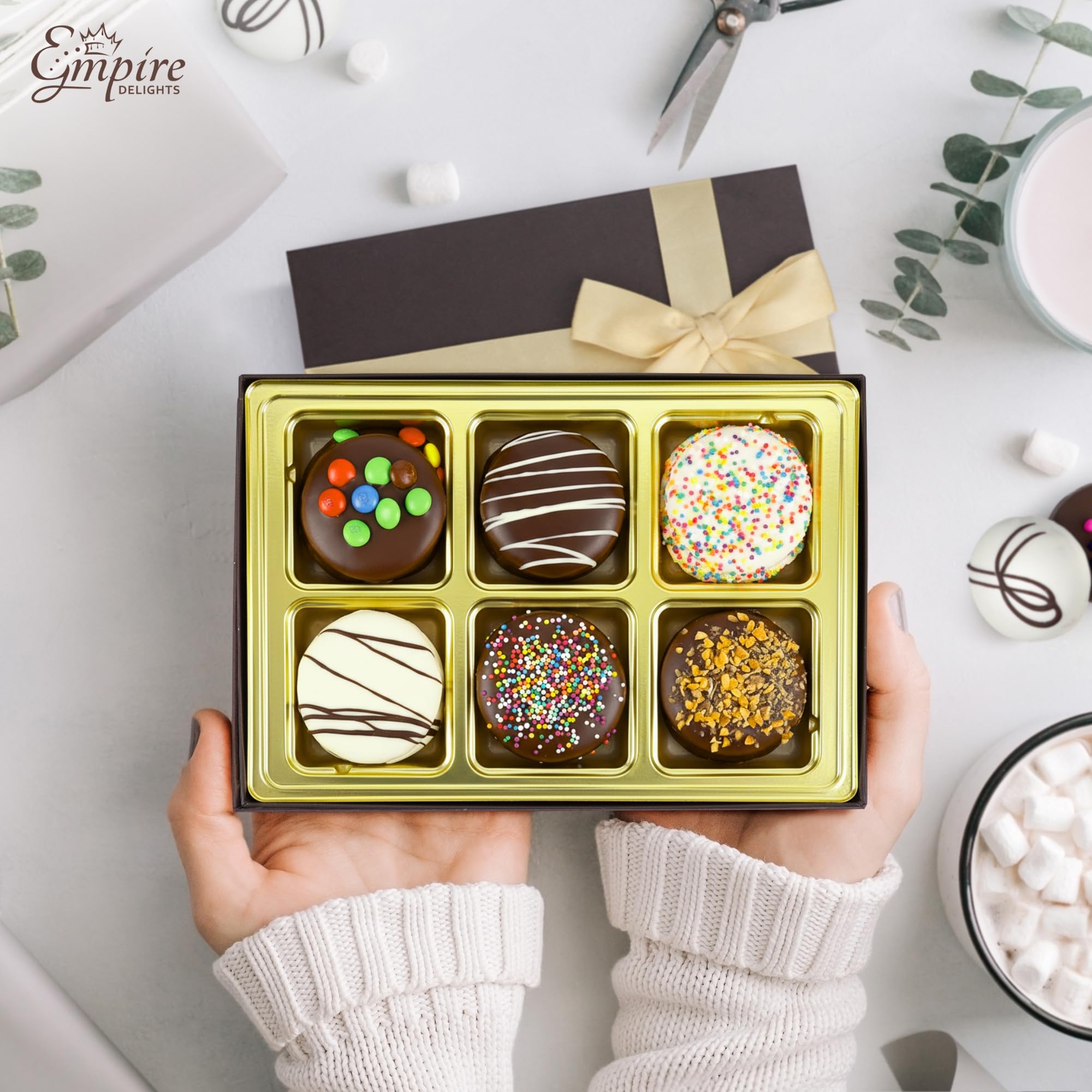 Empire Delights creme-filled sandwich cookies with toppings, offering a playful texture contrast