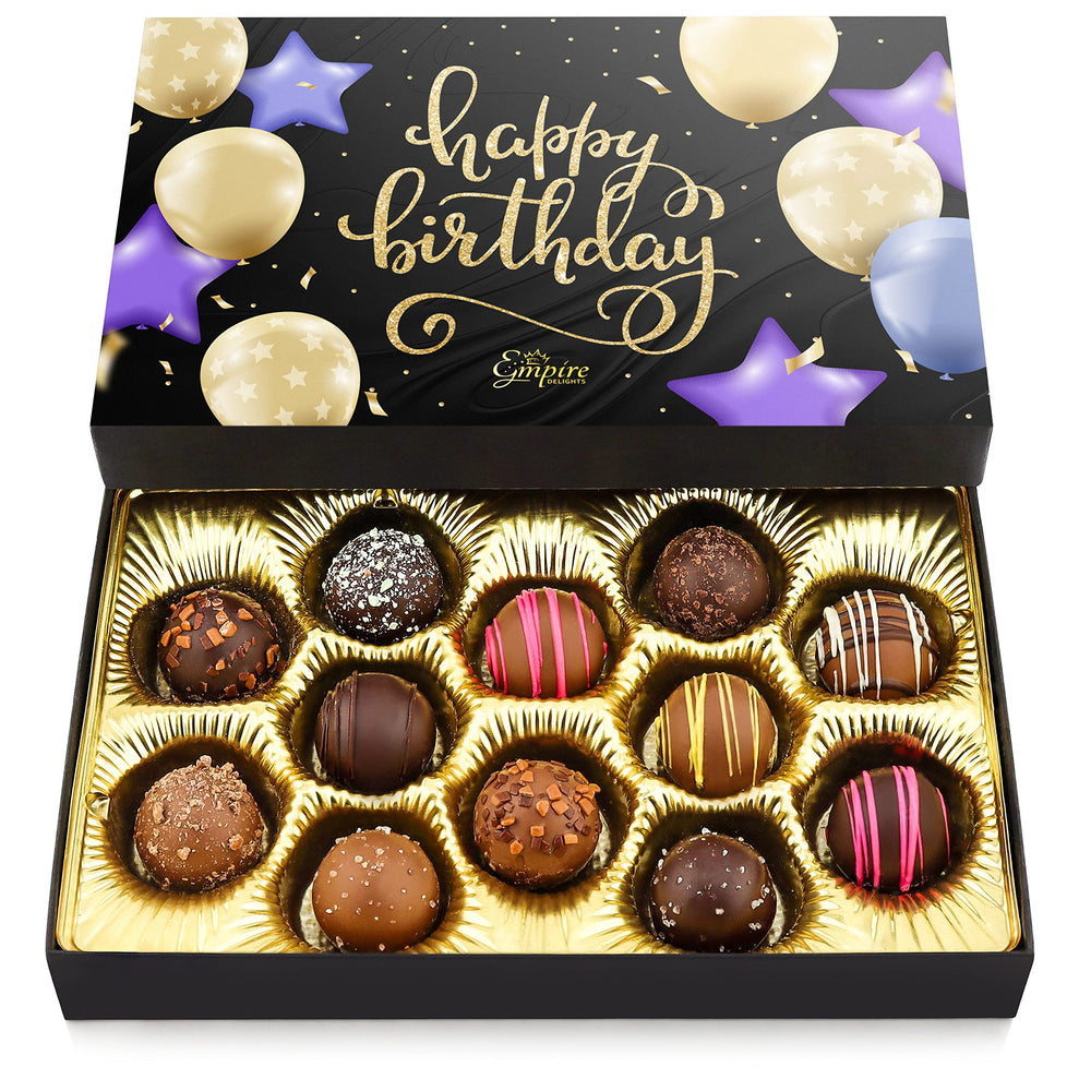 Empire Delights Happy Birthday Chocolates gift box front view, perfect birthday treat.