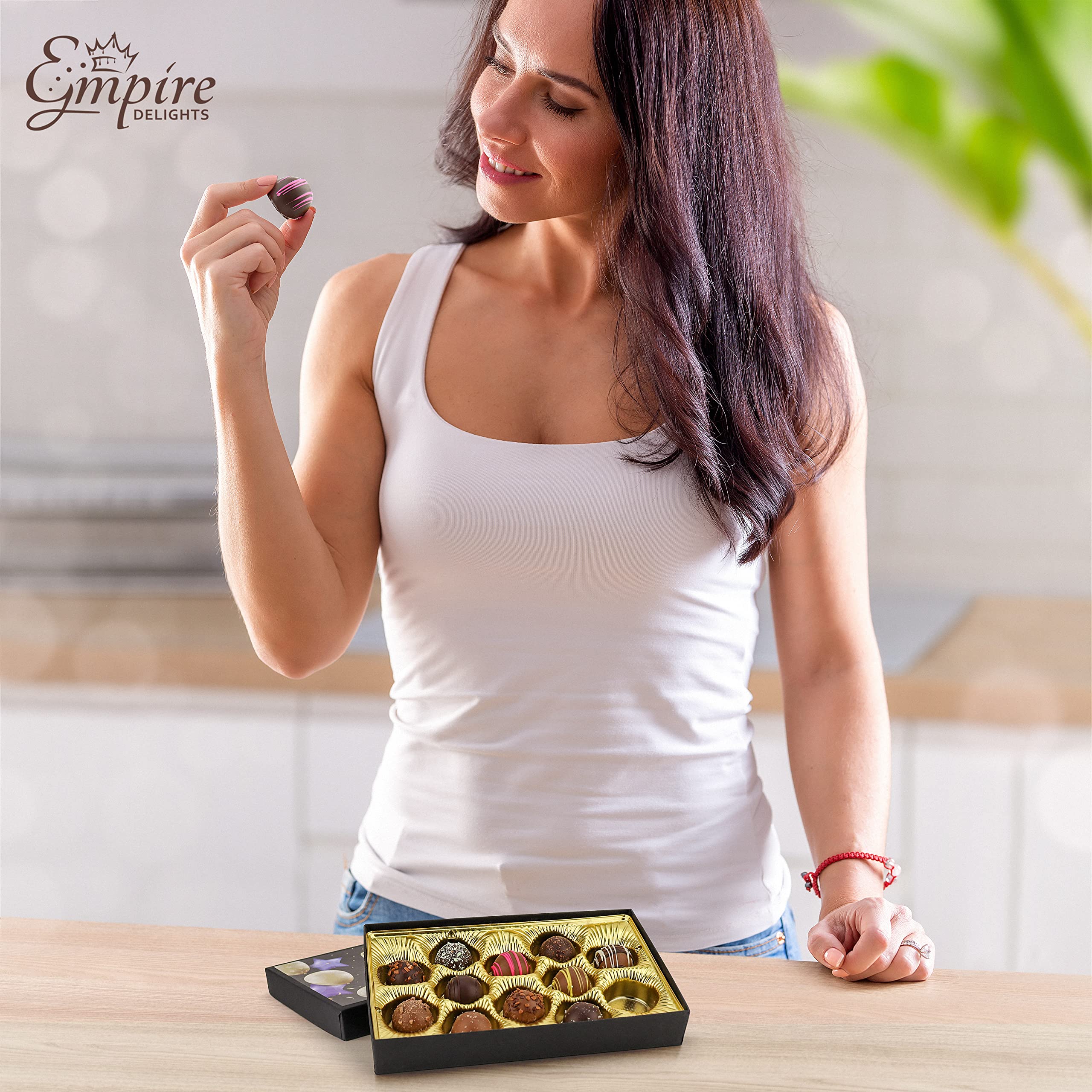 Empire Delights truffles in a USA-made gourmet box, ideal celebratory gift.