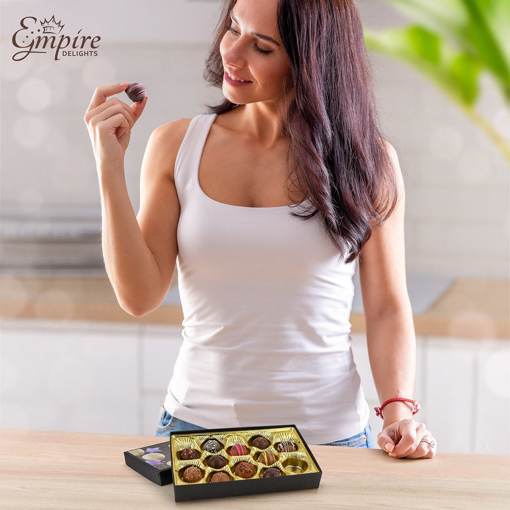 Empire Delights truffles in a USA-made gourmet box, ideal celebratory gift.