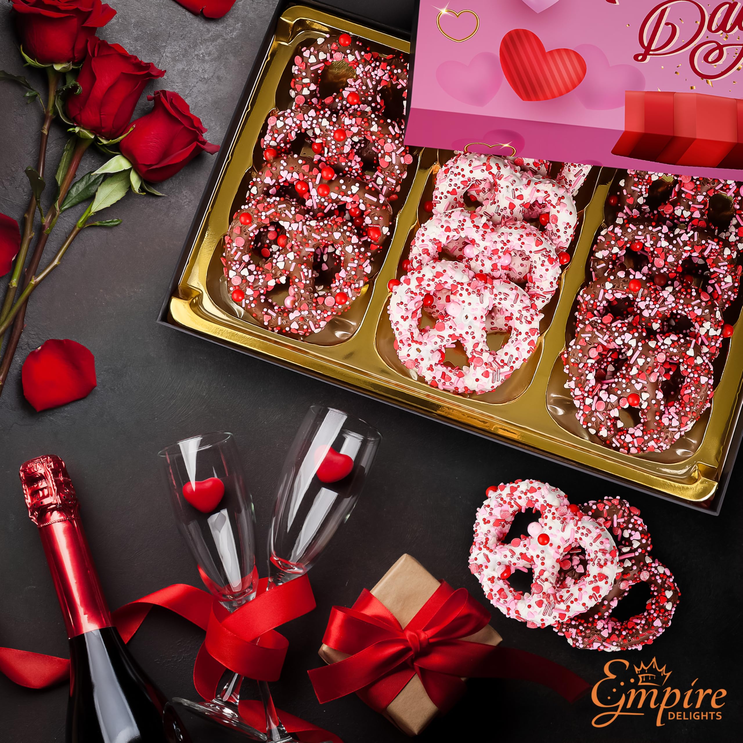 Empire Delights milk chocolate-dipped pretzels with festive sprinkles.