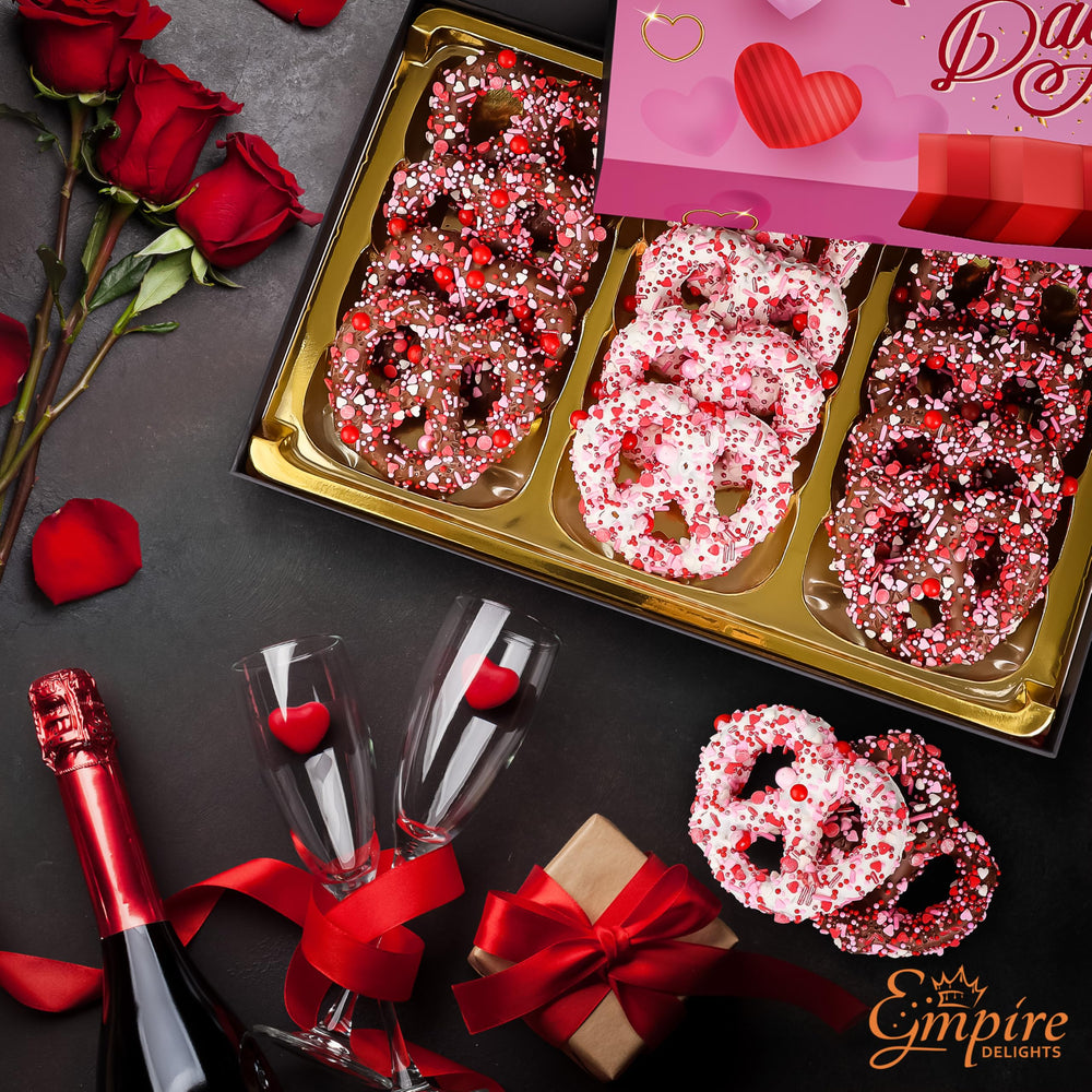 Empire Delights milk chocolate-dipped pretzels with festive sprinkles.
