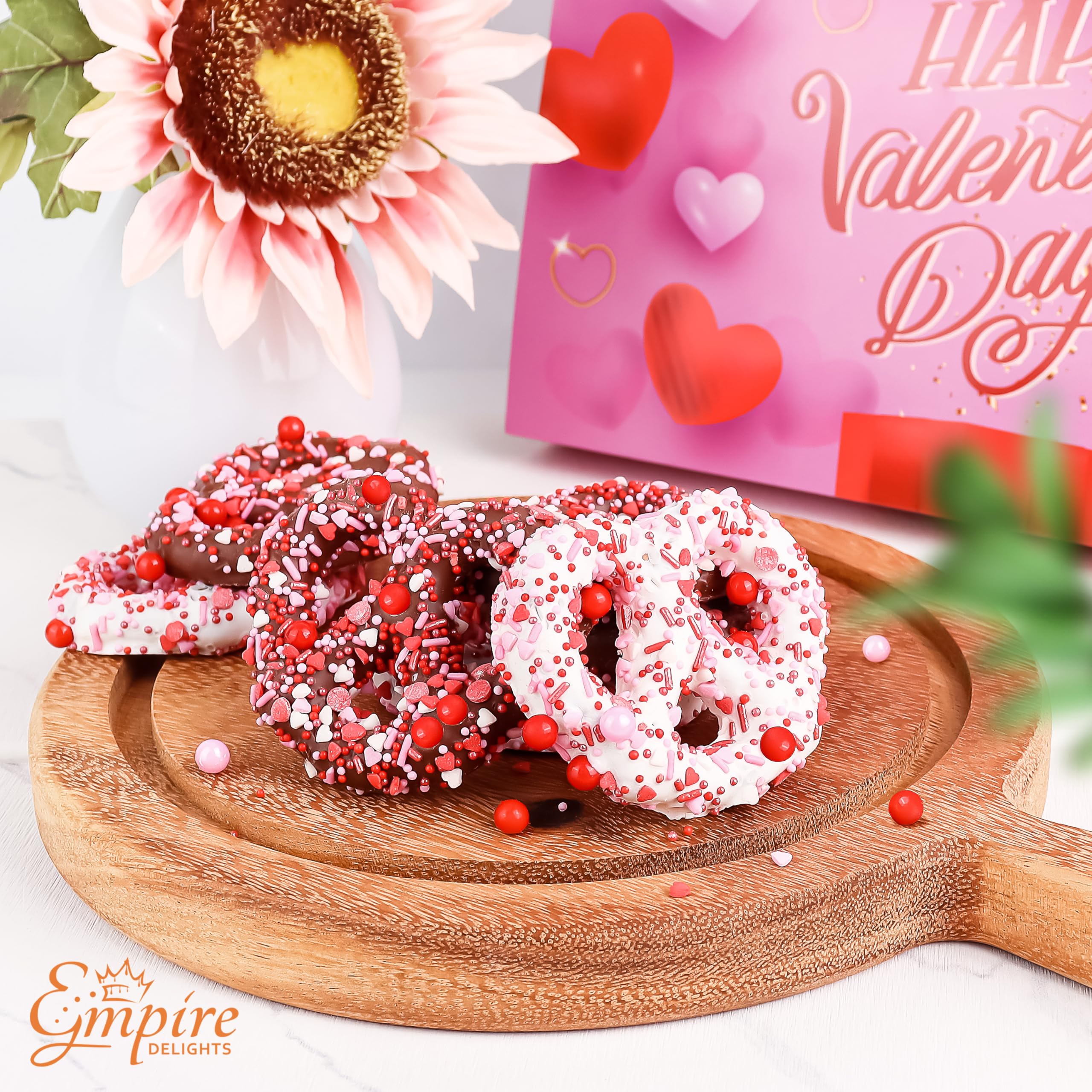 Empire Delights white chocolate-dipped pretzels with candy accents.