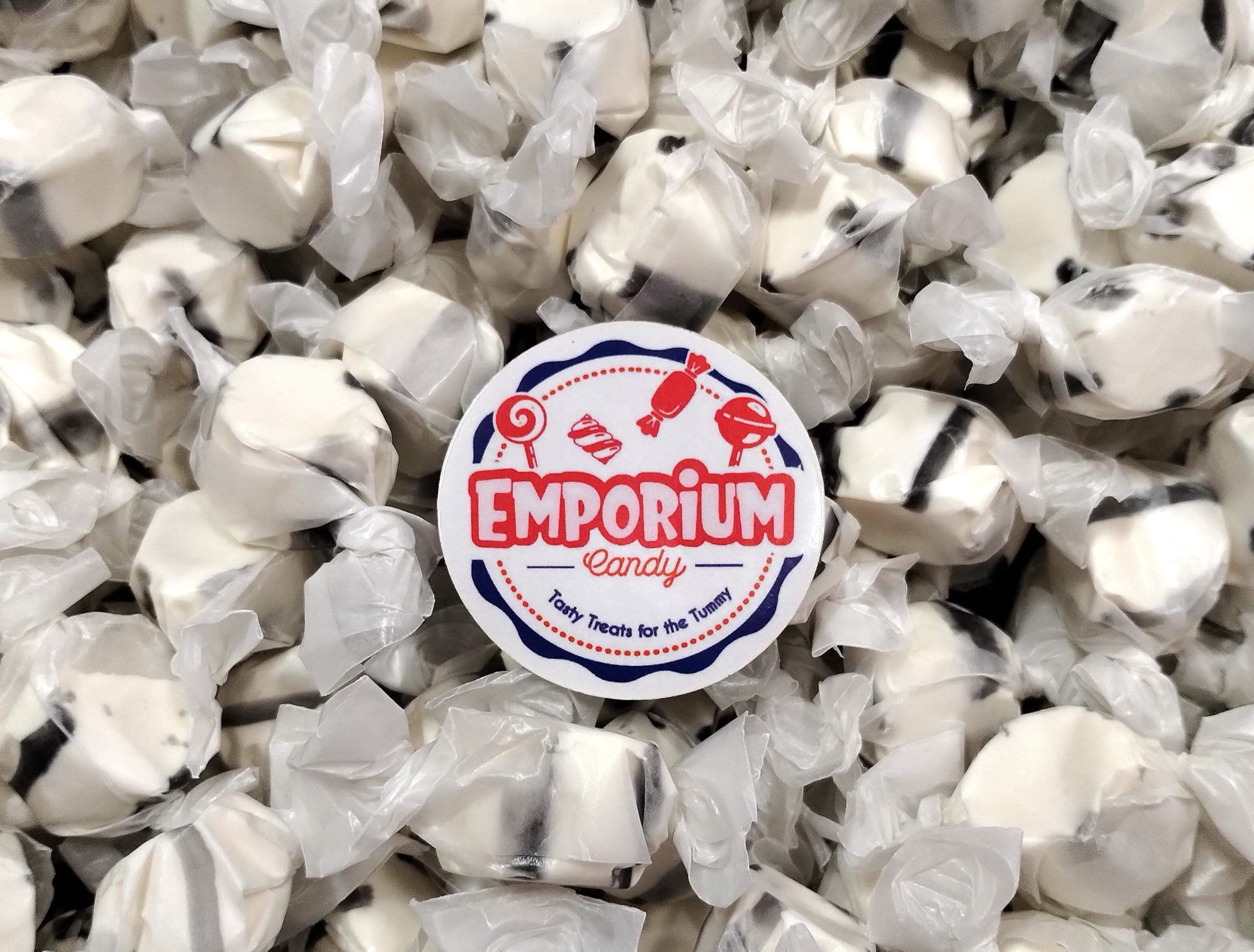 Emporium Candy Black Licorice Taffy texture closeup; soft chew with rich flavor