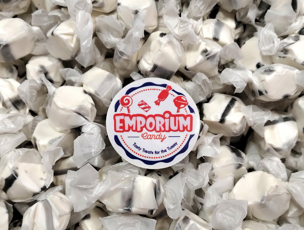 Emporium Candy Black Licorice Taffy texture closeup; soft chew with rich flavor