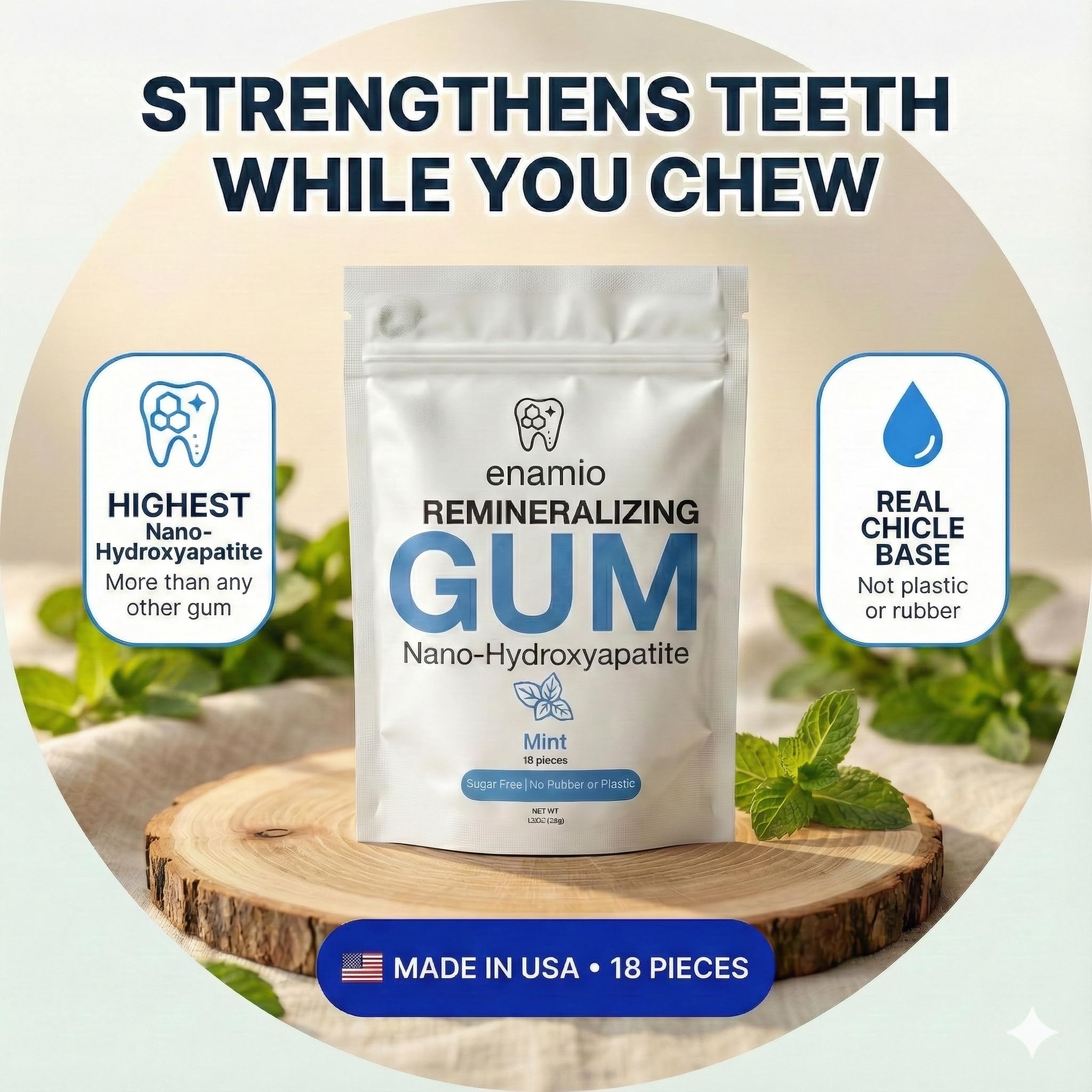 Enamio Mint Remineralizing Gum box back with ingredient and sustainability notes