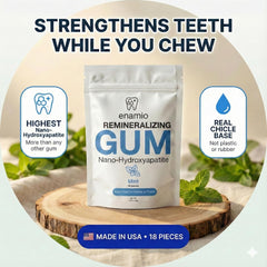 Enamio Mint Remineralizing Gum box back with ingredient and sustainability notes