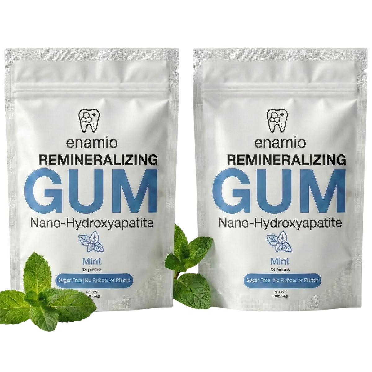 Enamio Mint Remineralizing Gum two-pack box front view highlighting enamel support benefits