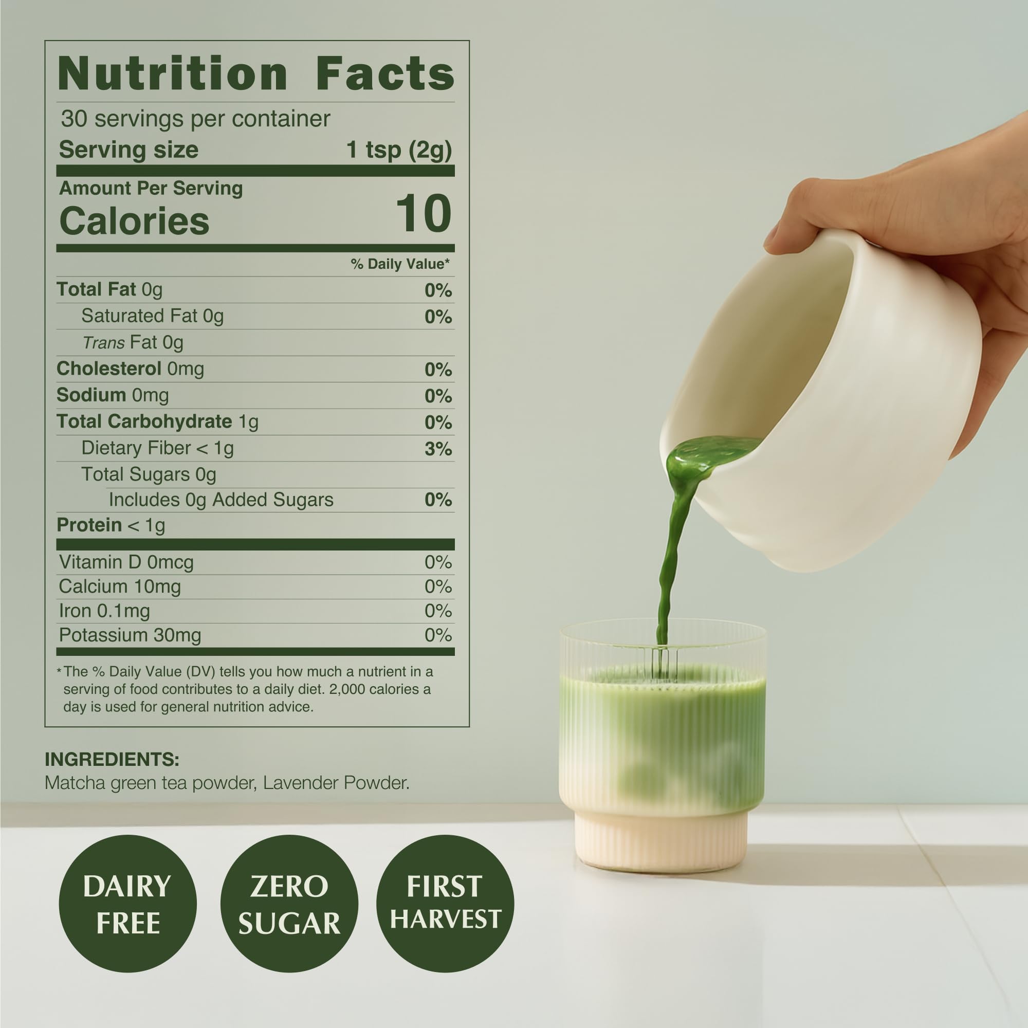 Encha Lavender Matcha Latte powder jar highlighting unsweetened premium matcha for clean energy.