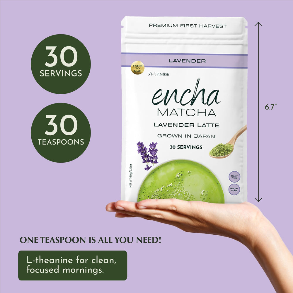 Label closeup on Encha lavender matcha latte powder emphasizing quality and purity.