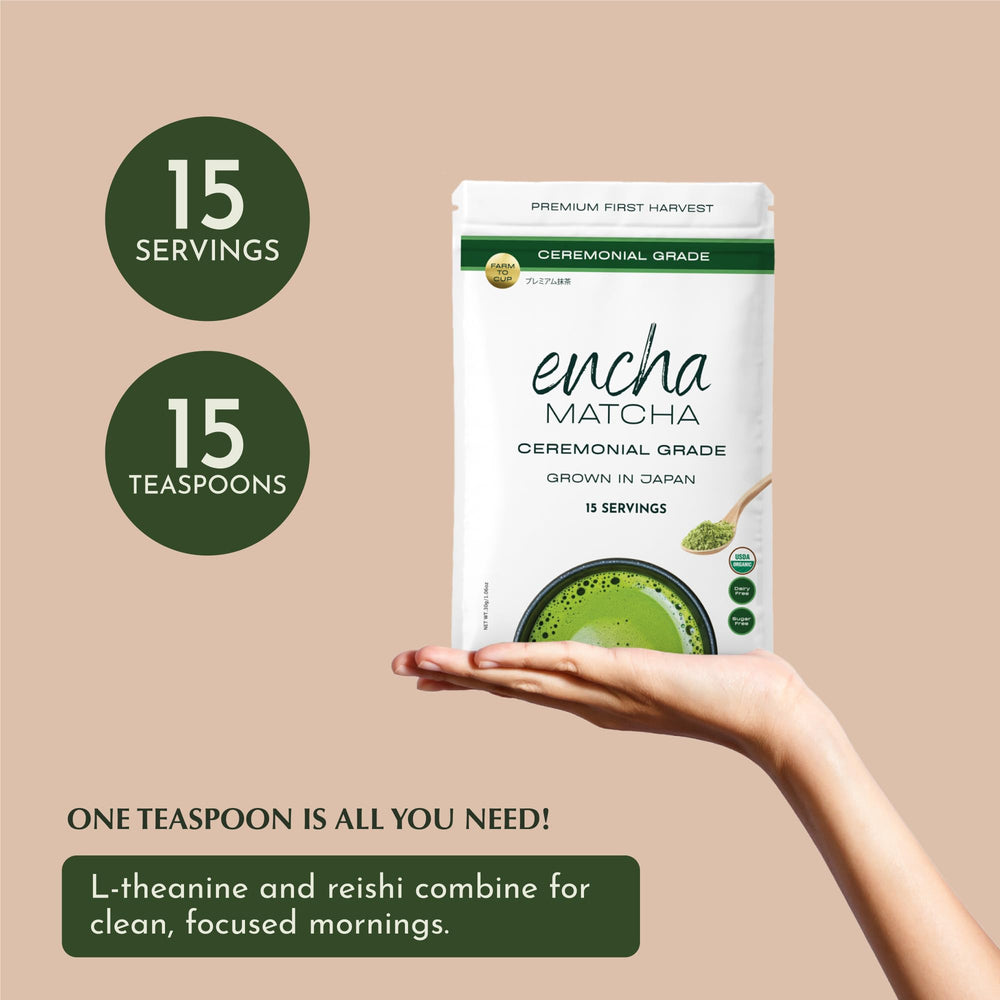 Encha matcha ceremonial preparation in a bowl, inviting mindful tea rituals.