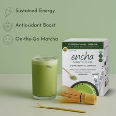 Close-up of Encha matcha powder showing a velvety, emerald texture.