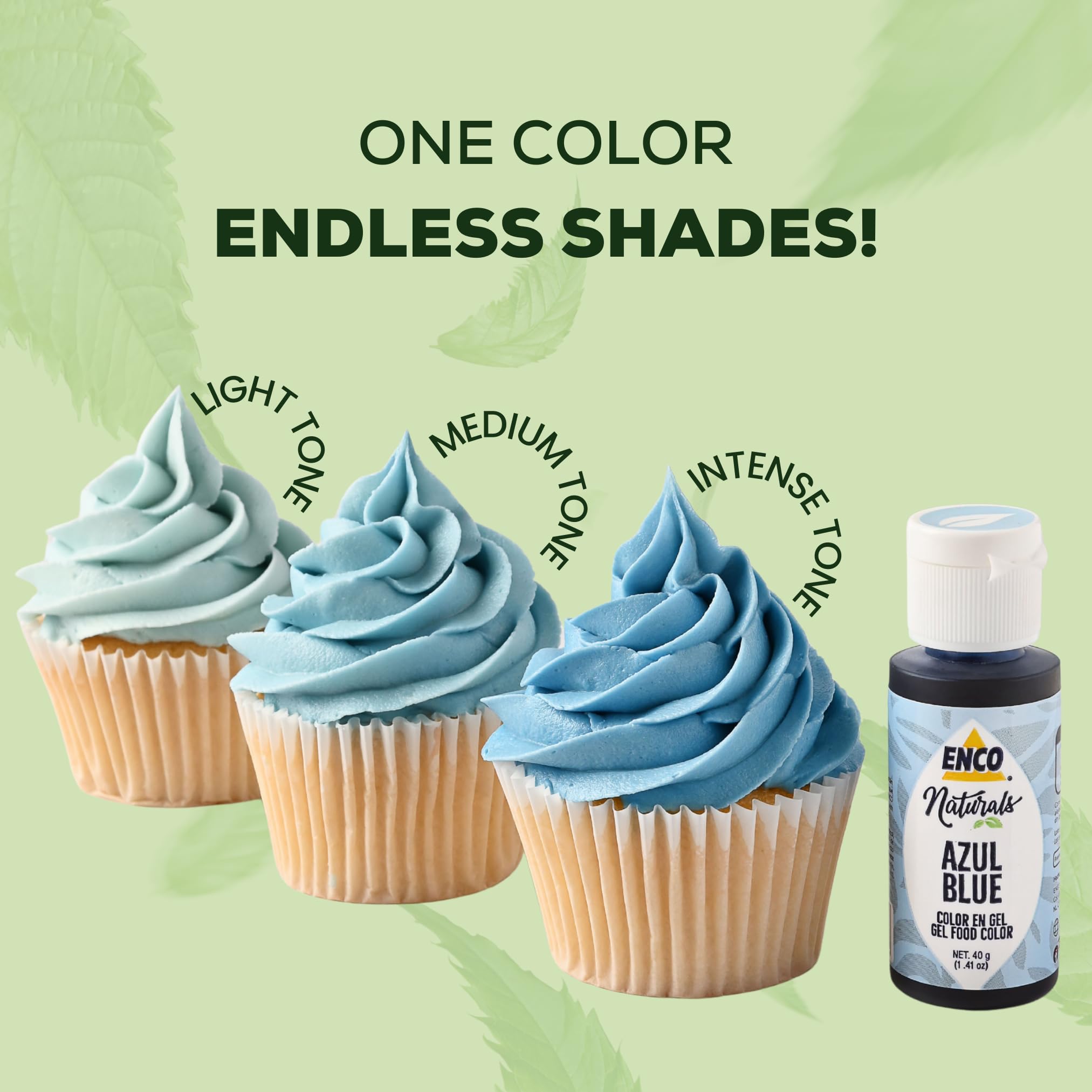 ENCO blue color gel swatch on frosting for shade reference.
