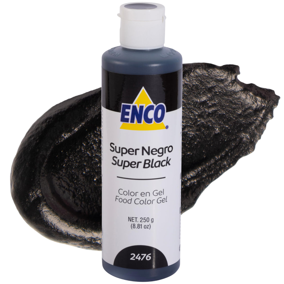 ENCO gel color bottle shows bold black color for dramatic frostings and coatings.