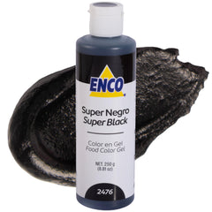ENCO gel color bottle shows bold black color for dramatic frostings and coatings.